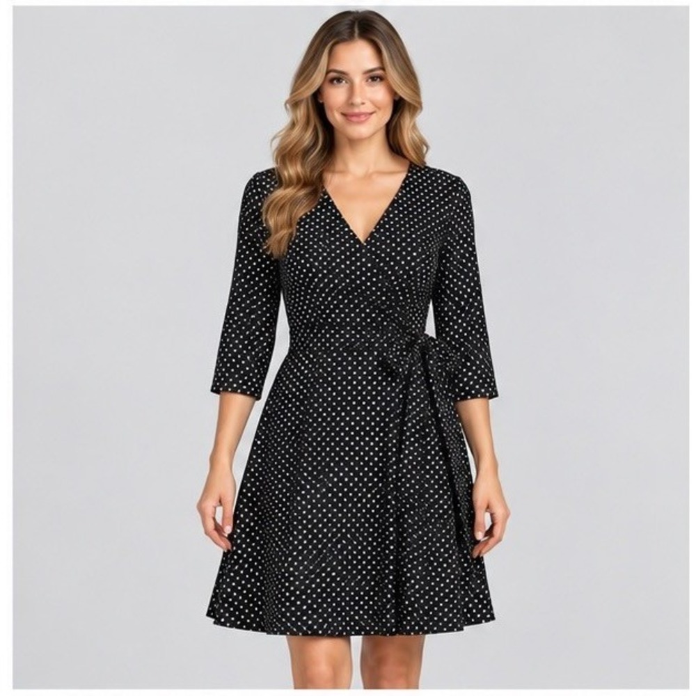 Talbots Womens 4 Black Polka Dot Faux Wrap Midi Dress 3/4 Sleeve Office Siren